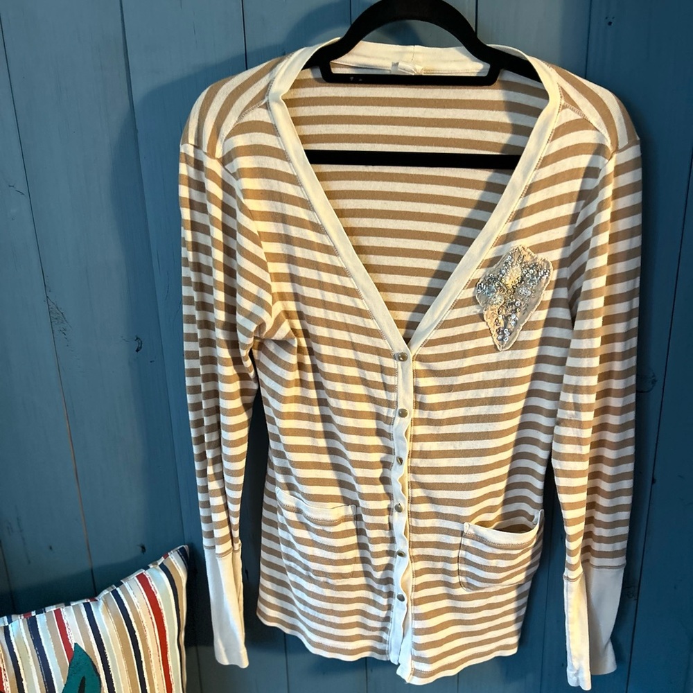 Anthropologie Dark Tan/Cream Striped Cardigan, Size L